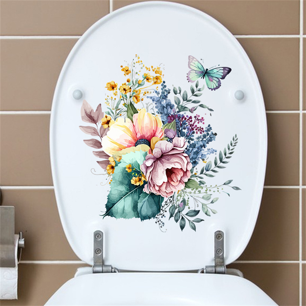 Furvclv Plant Leaves Flowers Toilet Stickers Butterfly Pattern Self-Adhesive Waterproof Bathroom Wall Toilet Lid Decor Decals